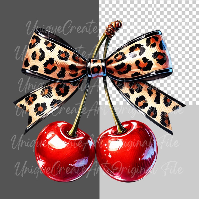 May include: Two red cherries with green stems and leaves tied together with a brown and black leopard print bow.