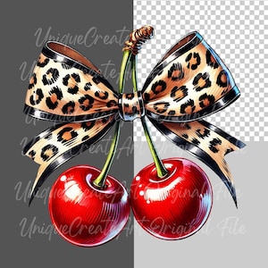 May include: Two red cherries with green stems and leaves, tied together with a large leopard print bow.