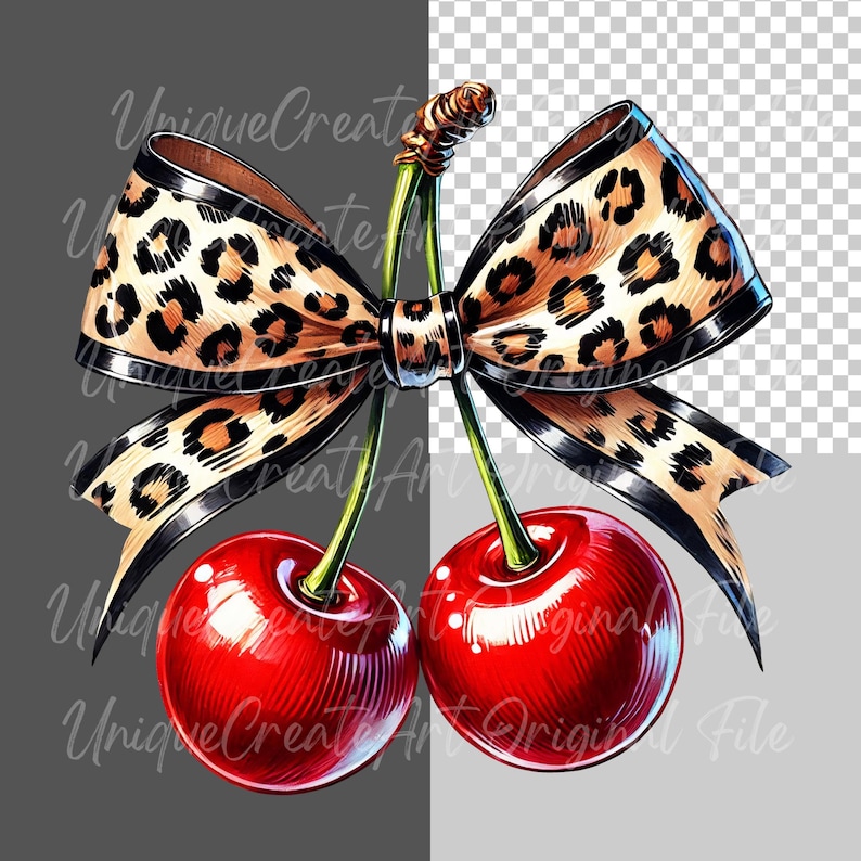 May include: Two red cherries with green stems and leaves, tied together with a large leopard print bow.