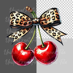 May include: Two red cherries with green stems and a large leopard print bow tied around the stems.