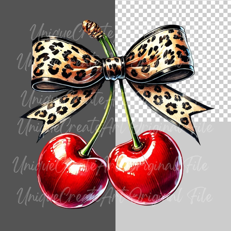 May include: Two red cherries with green stems and a large leopard print bow tied around the stems.