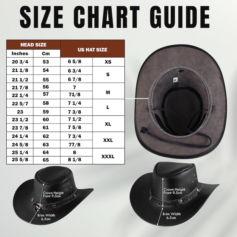 May include: A size chart for cowboy hats, showing the hat size in inches and centimeters, as well as the corresponding US hat size. The chart includes sizes from 20 3/4 inches to 25 5/8 inches. Two images of cowboy hats are shown below the chart, one from the top and one from the side. The hats are black leather with a brown braided band and a silver buckle.