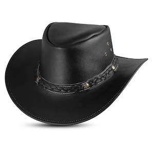May include: A black leather cowboy hat with a braided band and gold accents.