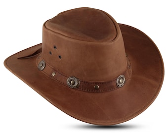 Tan Leather Cowboy Hat with Decorative Concho Band - Western Style Headwear