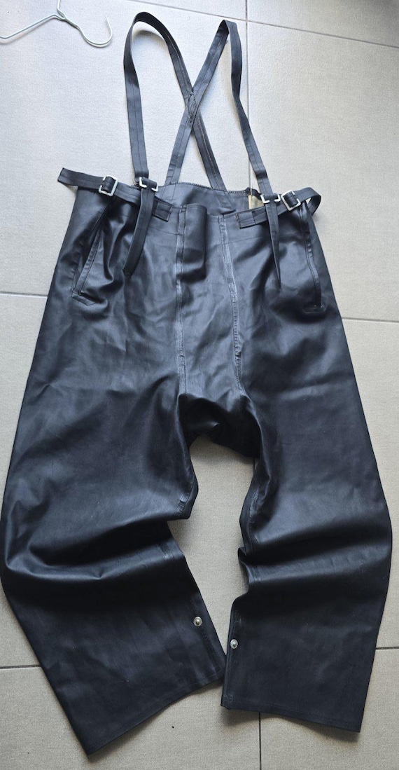 Belstaff, VTG 1950s Belstaff Black Prince Rubber Motorcycle Pants Trousers Overalls Braces