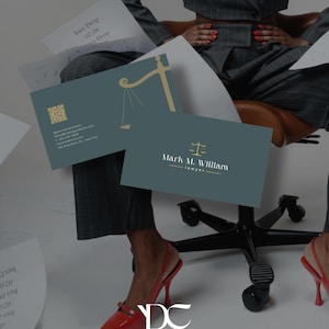 May include: Two business cards with a teal background and gold accents. One card features a scale graphic, the other reads "Mark M. William, lawyer." Red patent leather slingback heels and a gray suit are also visible.
