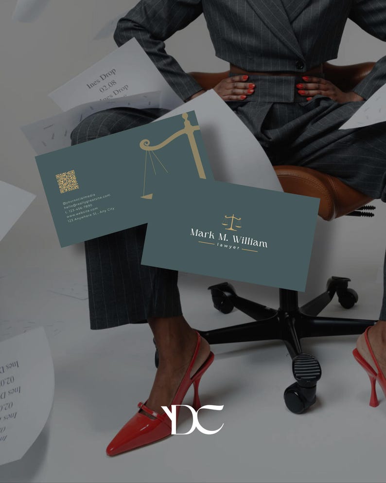 May include: Two business cards with a teal background and gold accents. One card features a scale graphic, the other reads "Mark M. William, lawyer." Red patent leather slingback heels and a gray suit are also visible.