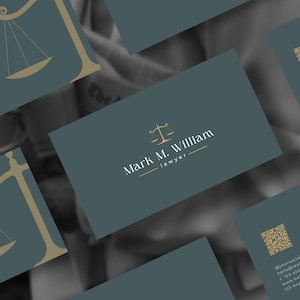 May include: Business cards with a teal background and gold accents. The cards feature the name "Mark M. William, lawyer" and a scale of justice symbol. The design is clean and professional, suitable for legal professionals.