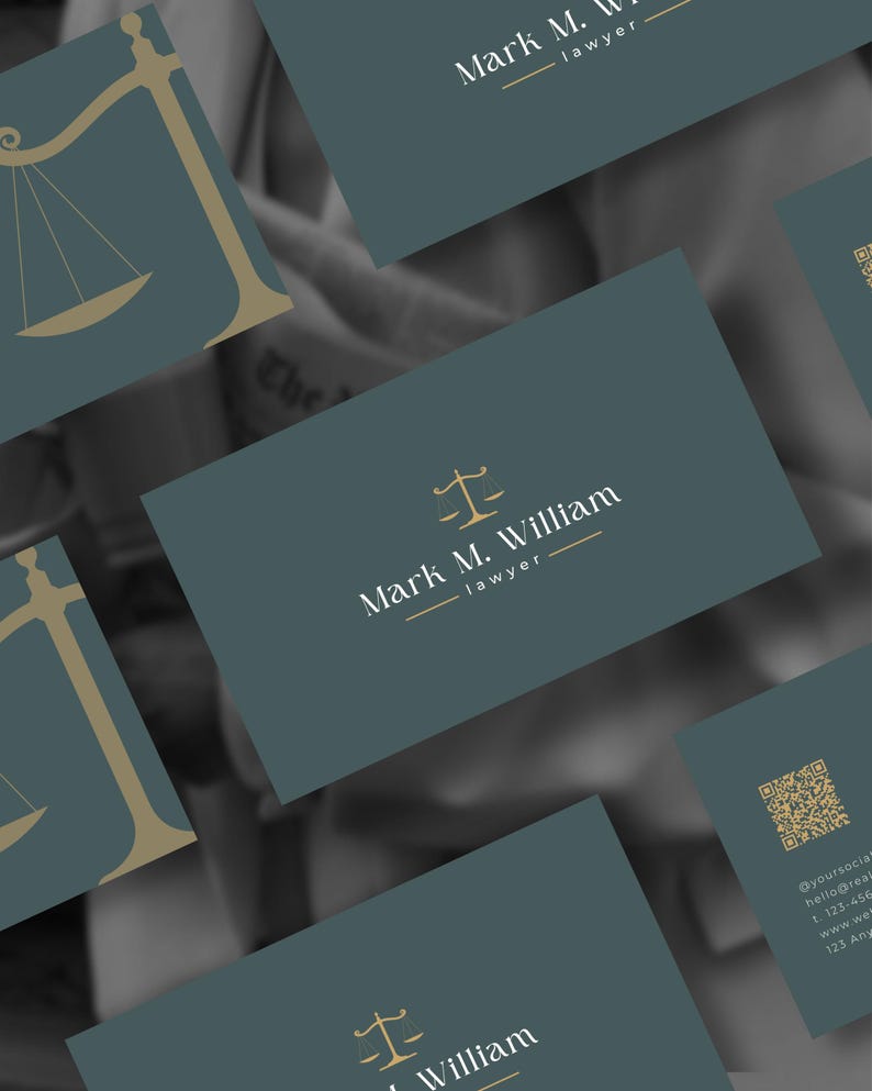 May include: Business cards with a teal background and gold accents. The cards feature the name "Mark M. William, lawyer" and a scale of justice symbol. The design is clean and professional, suitable for legal professionals.