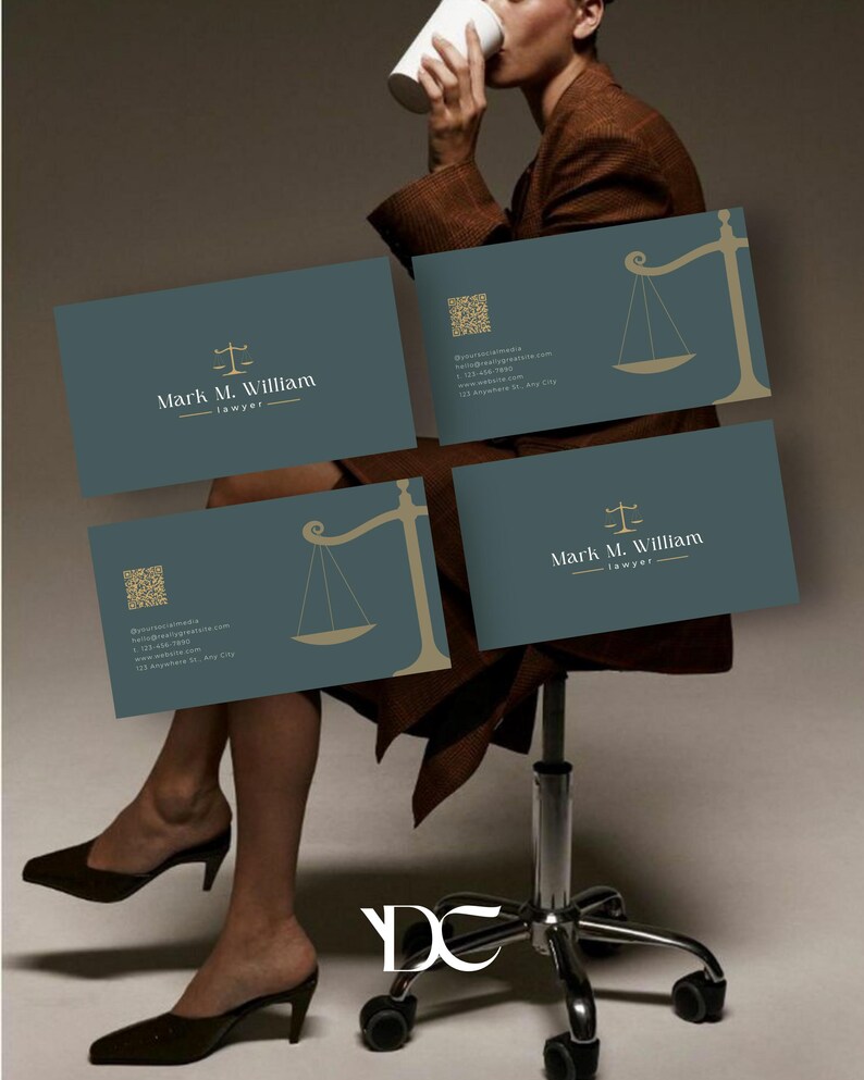 May include: Business cards with a teal background and gold accents. The cards feature the text "Mark M. William, lawyer" and a scale of justice symbol. A QR code and contact information are also included. The image has a neutral background.