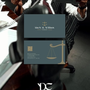 May include: Business cards with a teal background and gold accents. The top card features the name "Mark M. William" and the word "lawyer" below it. The bottom card has a gold scale graphic and contact information.