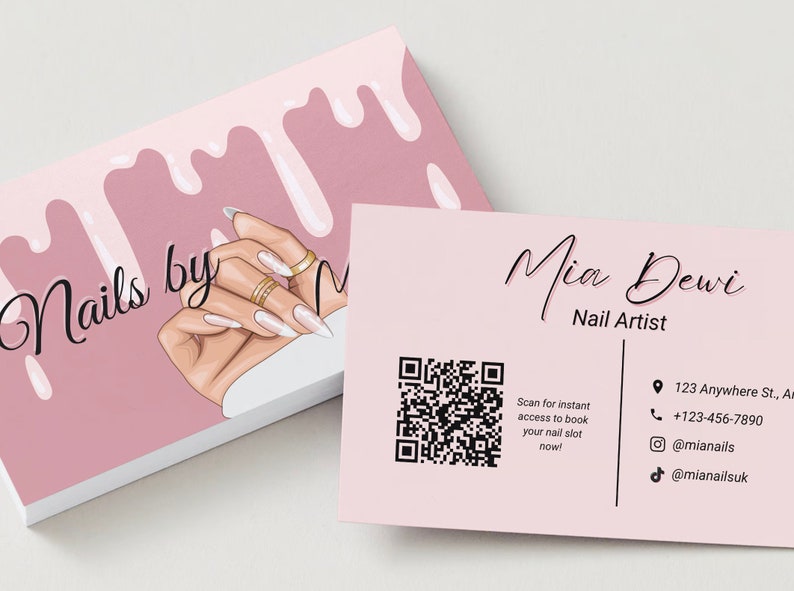 Editable Nail Tech Business Card Template, Nails Calling Card With QR