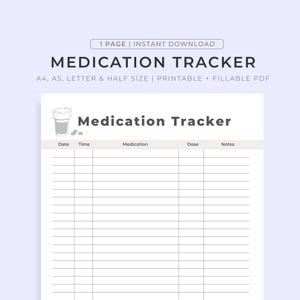 Medication Log Printable, Medication Tracker, Medication Intake Reminder, Medication List Template, Medication Schedule, A4/A5/Letter/Half