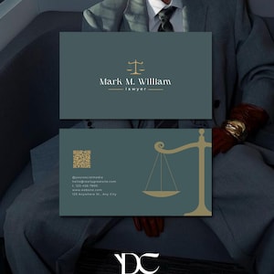 May include: Business cards with a teal background and gold accents. The front card reads "Mark M. William, lawyer" with a scale icon. The back card includes contact information and a QR code. The initials "DC" are at the bottom.