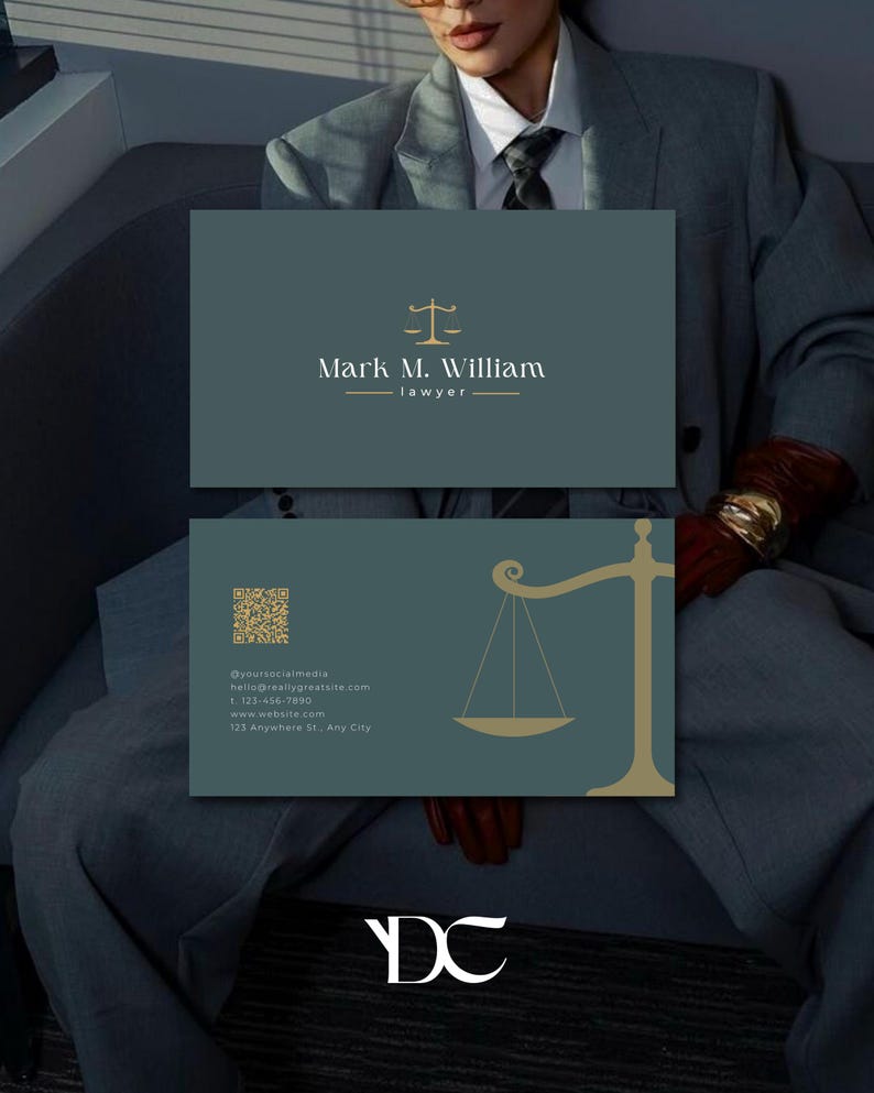 May include: Business cards with a teal background and gold accents. The front card reads "Mark M. William, lawyer" with a scale icon. The back card includes contact information and a QR code. The initials "DC" are at the bottom.