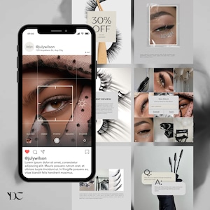 Könnte beinhalten: Ein Smartphone-Bildschirm zeigt ein Social-Media-Profil für @julywilson mit einem Raster aus Bildern, die sich auf Wimpern, Make-up und Schönheitsprodukte konzentrieren. Die Benutzeroberfläche enthält Symbole für Foto-, Video- und Quadratmodi.