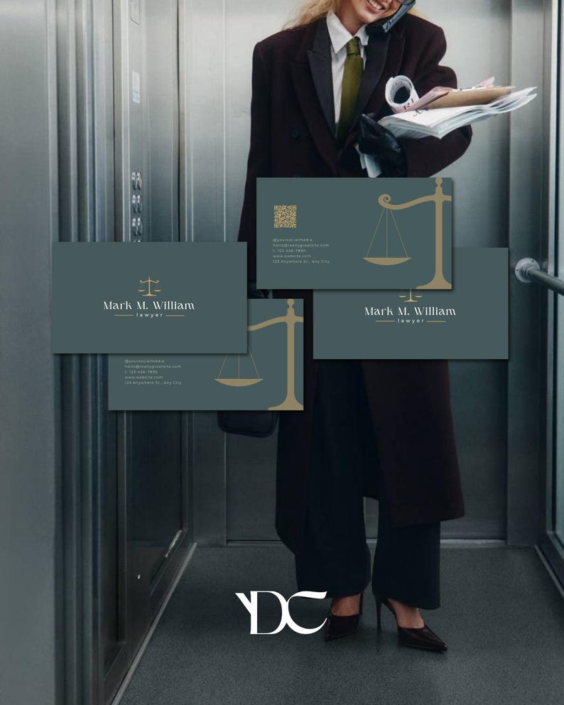 May include: Business cards with a teal background and gold scale of justice graphic. The cards feature the name "Mark M. William - lawyer" in white text. The image shows a person in a suit holding the cards.