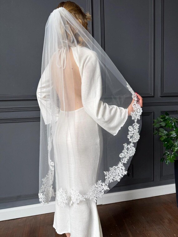 Elegant White Bridal Veil with Lace Silk wedding veil with lace edges - French lace trimmed silk  main image 4