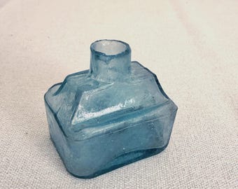 English Burst-Top Inkwell | Rare Blue | Double Pen Rest | 1900s