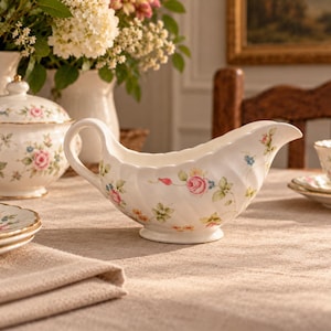 Pode incluir: Uma molheira de cerâmica branca com borda recortada e um delicado padrão floral de rosas cor-de-rosa, folhas verdes e pequenas flores azuis. A molheira possui uma alça curva, uma base de pedestal e acabamento dourado na borda.