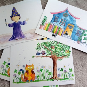 Postkarte Aquarell - Kunstdruck - Zauberer, Katzen