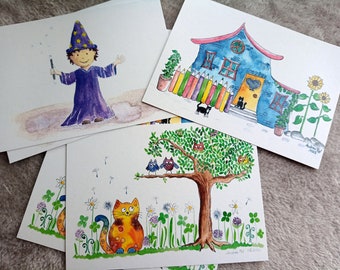 Postcard watercolor - art print - wizards, cats