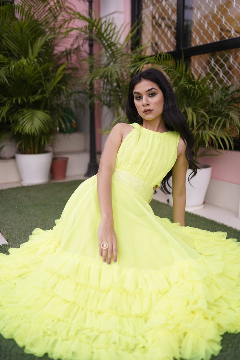 NEON FRILL DRESS with sequins detailing on waist line . image 4