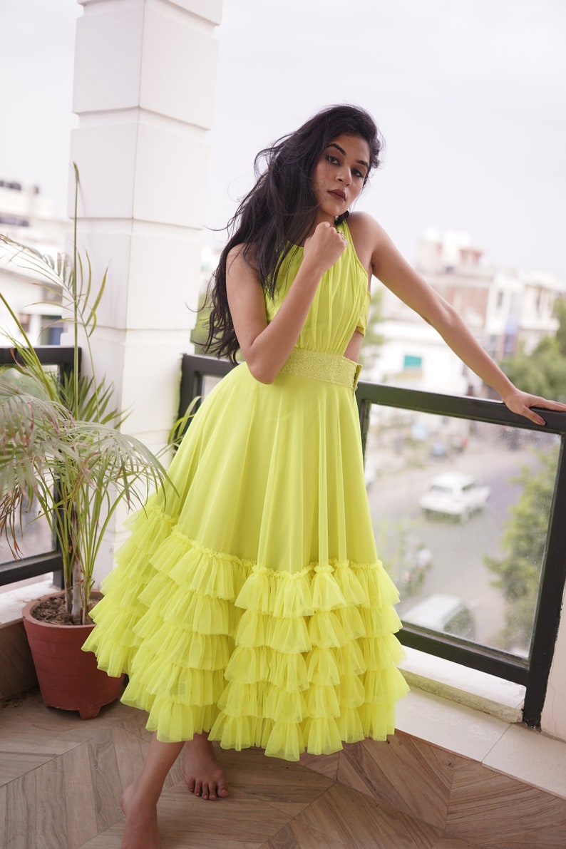NEON FRILL DRESS with sequins detailing on waist line . image 7