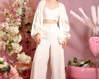 WHITE 3 PIECE ! Cotton oufit , 3 piece - pant , crop top & long jacket