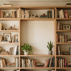 Könnte beinhalten: Ein großes Bücherregal aus hellem Holz mit mehreren horizontalen Fächern, die mit verschiedenen Büchern, kleinen Dekorationsgegenständen und zwei grünen Topfpflanzen gefüllt sind. Das Regal hat einen offenen Mittelbereich.