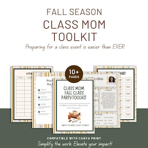 May include: A digital toolkit for class events featuring over 10 pages of printable templates. The documents include schedules, party planning guides, and student information charts with fall-themed borders and brown text accents.