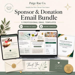 Könnte beinhalten: Ein digitales Paket mit fünf professionellen E-Mail-Vorlagen für Sponsoren und Spenden von Paige Rae Co. Die Darstellung umfasst einen Laptop-Bildschirm mit E-Mail-Layouts, ein Tablet, eine Spendenbescheinigung, einen Umschlag und Dankeskarten.