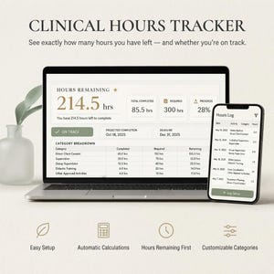 May include: A digital clinical hours tracker displayed on a laptop and smartphone screen. The interface shows hours remaining, total completed, required hours, progress percentage, and a detailed category breakdown. Icons for setup, calculations, and customisation are below.