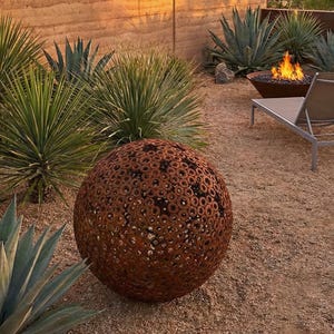 Large 20" Rusty Iron Sphere Sculpture: Handcrafted Cosmic Metal Lace Orb