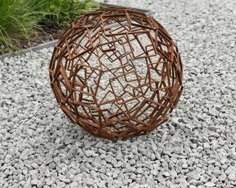 Hand Welded Rusty Metal 14in/35cm Sphere Sculpture: Labyrinth Garden Art