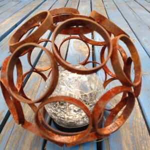 Solar garden lamp - sphere 8&quot; made of rusty metal. LED Solar Ball