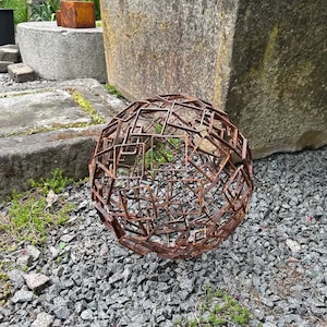 Big Art sphere “Labyrinth” : 14”  Hand Welded rusty abstract sphere sculpture. Garden Globe. Big rusty metal orb for landscape design