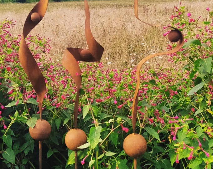 Featured listing image: Dancing Wind Stems 70" – Tall Rusty Metal Garden Sculpture, Human-Height Outdoor Art Installation