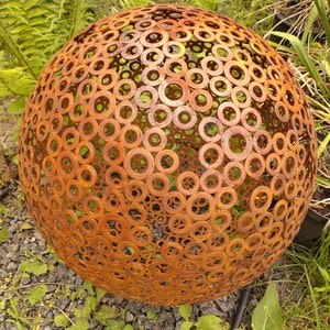 Large Rusty Iron Sphere Sculpture: Handcrafted Cosmic Metal Lace Orb, 20&quot;