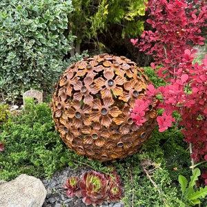 My Blossom Planet : Big 14” or 20" weathered steel sphere sculpture for outdoor garden decor. Garden Globe Sculpture. Rusty metal orb