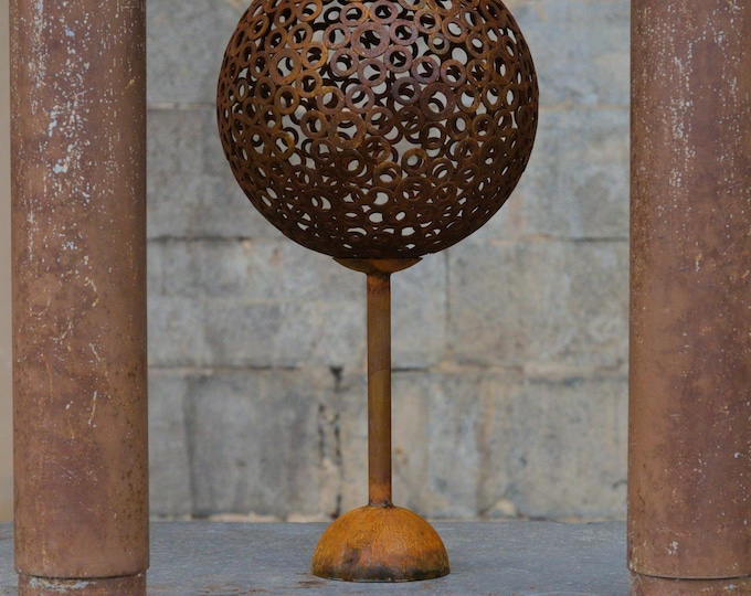 Featured listing image: Eternal Orb on Pedestal – 14" Rusty Metal Sphere Sculpture, Garden Art, Outdoor Decor, Handmade Steel Artwork