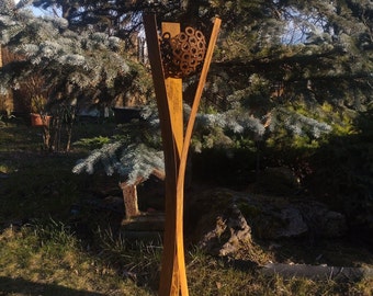 Large Rusty Metal Bowl Column: Abstract Garden Sculpture, 40&quot;