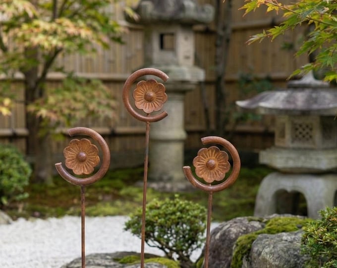 Featured listing image: Set of 3 Forged Steel Tsuba Garden Stakes, Japanese Inspired metal yard art