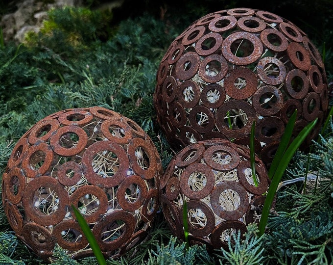 Featured listing image: Rusty Metal Garden Spheres: Handcrafted Cosmic Outdoor Decor