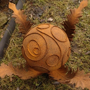 Magical Bud Garden Decor: Rusty Metal Flower Art Sculpture, 8" Steel Ball for Landscaping & Outdoor Design