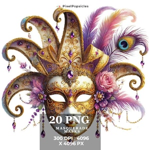 Pode incluir: Uma máscara de carnaval dourada e roxa com penas, joias e detalhes florais. 20 máscaras de carnaval PNG, 300 DPI, 4096 x 4096 pixels.