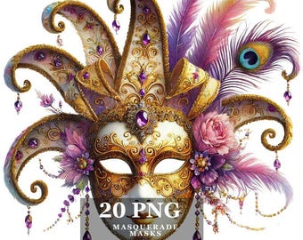 Maschere di Carnevale in stile acquerello - Set PNG per Carnevale Veneziano