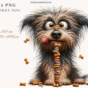 May include: A whimsical illustration of a shaggy dog with large eyes and a pink tongue sticking out. The dog balances a stack of bone-shaped treats on its nose and mouth. Bone-shaped treats are scattered around the dog.