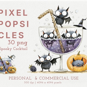 May include: Digital illustration set titled PIXEL POPSICLES 30 png Spooky Cocktail featuring cartoon bats in a purple drink, a witch hat, a pumpkin, and a blackberry. Includes text PIXEL POPSICLES 30 png Spooky Cocktail PERSONAL & COMMERCIAL USE.