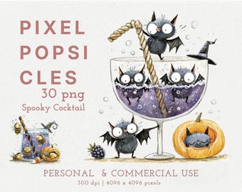 Clipart di pipistrelli di Halloween, grafica di cocktail spettrali ad acquerello, pipistrelli divertenti